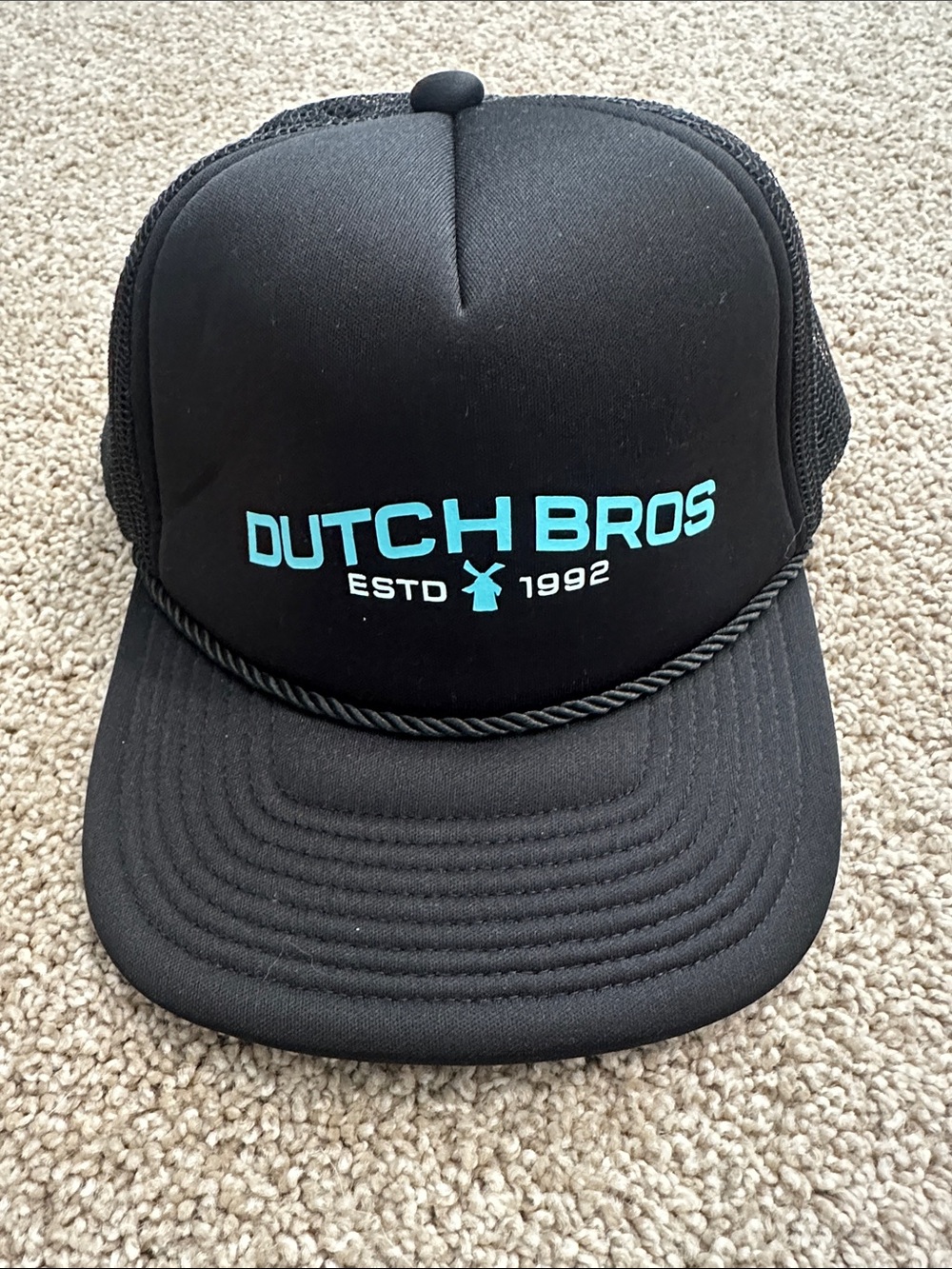 Dutch Bros Black Hat with Teal Logo and Rope Detail